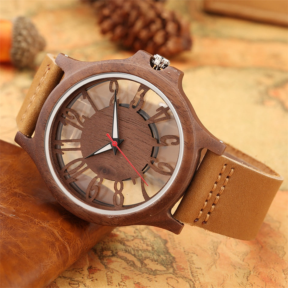 Transparent Hollow Arabic Numerals Display Men's Wood Watches.