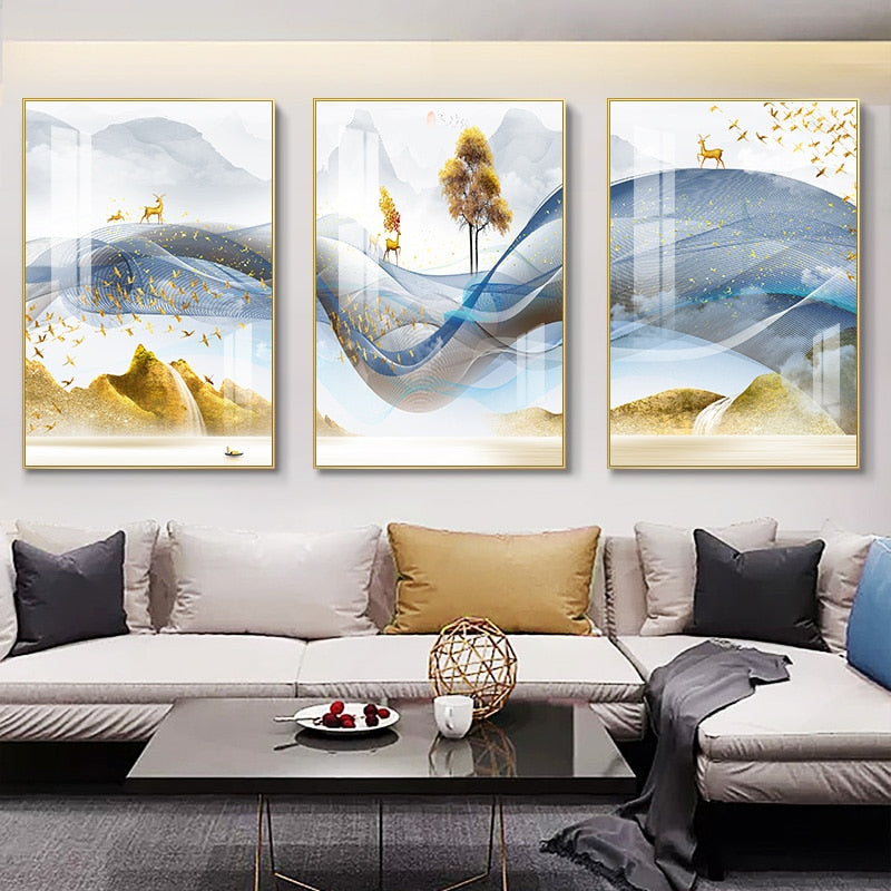 3 Pieces Nordic Luxury Ribbon Abstract Landscape wall Art Canvas.