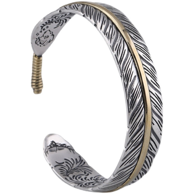 925 Sterling Silver Tang Grass Pattern Feather Bracelet for Men