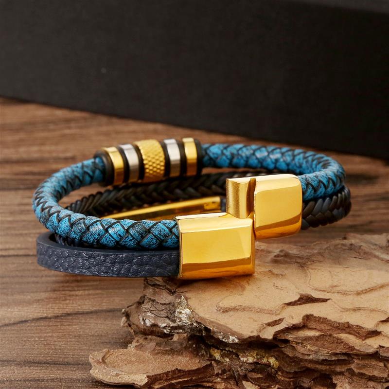 Blue Handwoven Leather Bracelet.