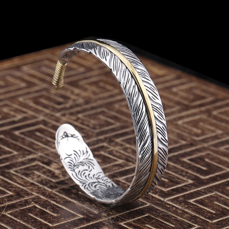 925 Sterling Silver Tang Grass Pattern Feather Bracelet for Men