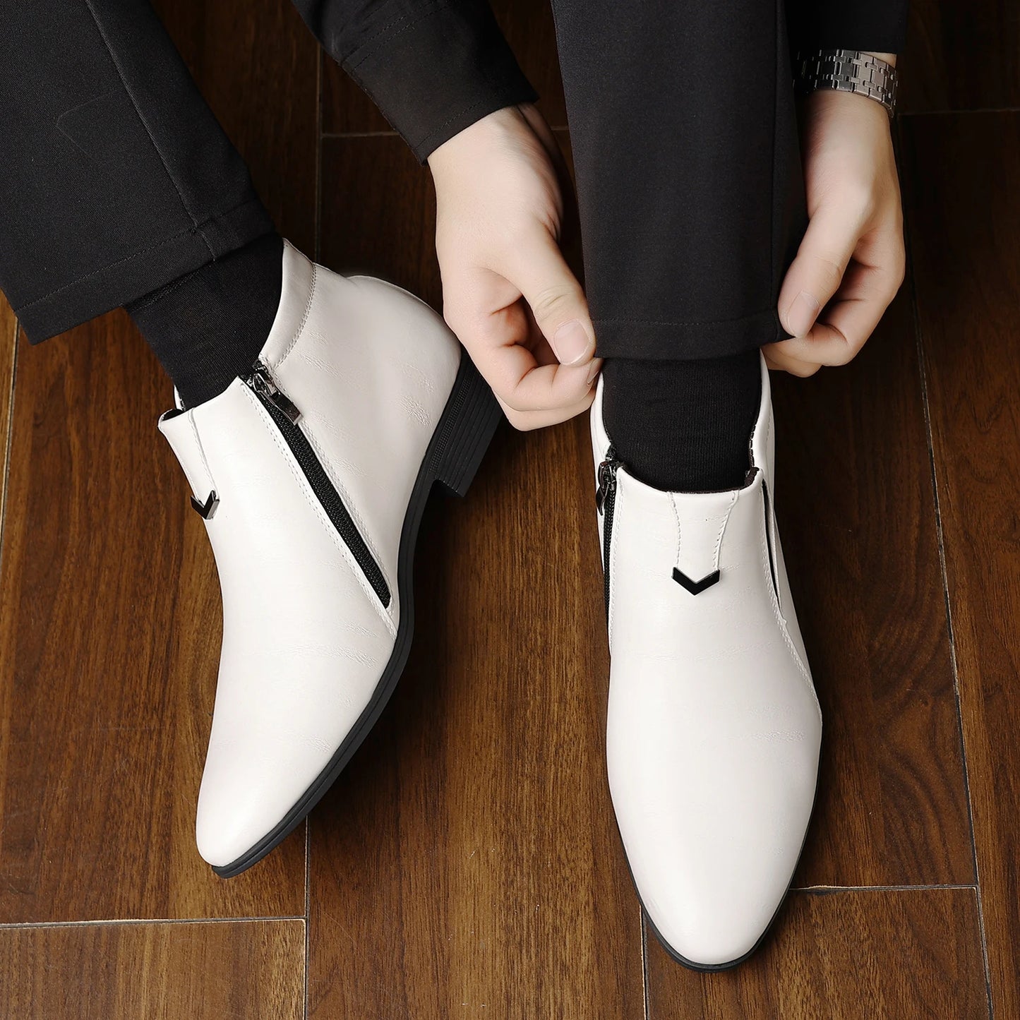Leather Shoes Mens High Top Chelsea Boots PU Leather Medium Top White Ankle Boots.