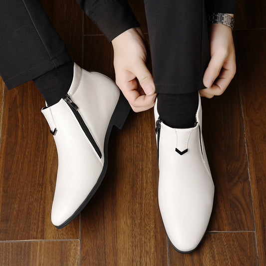 Men's Pointed-Toe PU Leather Chelsea Ankle Boots – White, Zipper & Non-Slip