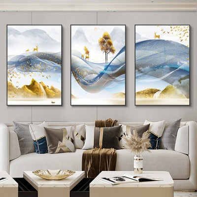 3 Pieces Nordic Luxury Ribbon Abstract Landscape wall Art Canvas.