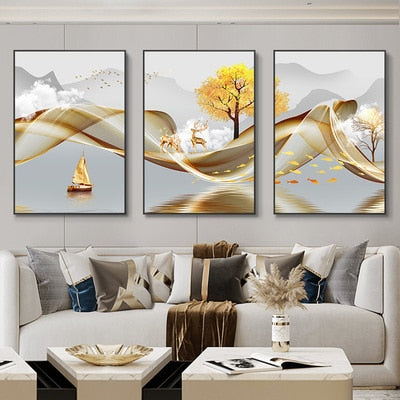 3 Pieces Nordic Luxury Ribbon Abstract Landscape wall Art Canvas.