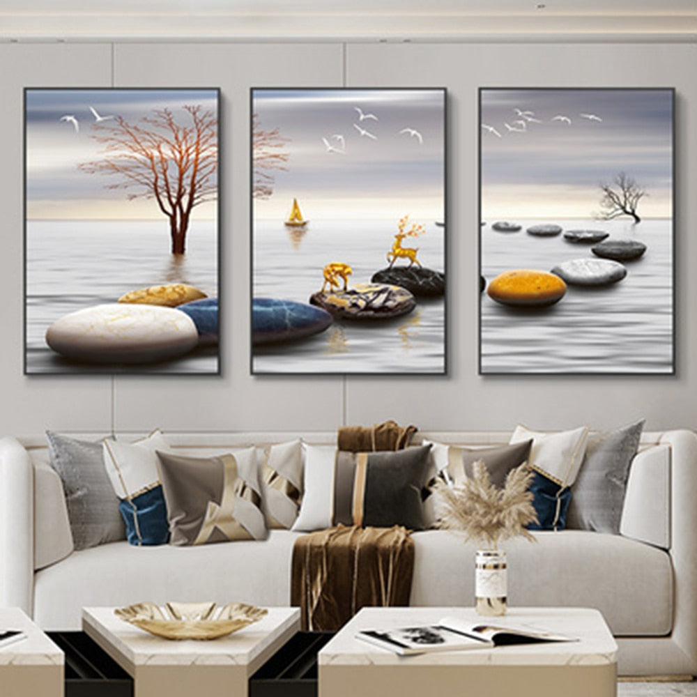 3 Pieces Nordic Luxury Ribbon Abstract Landscape wall Art Canvas.