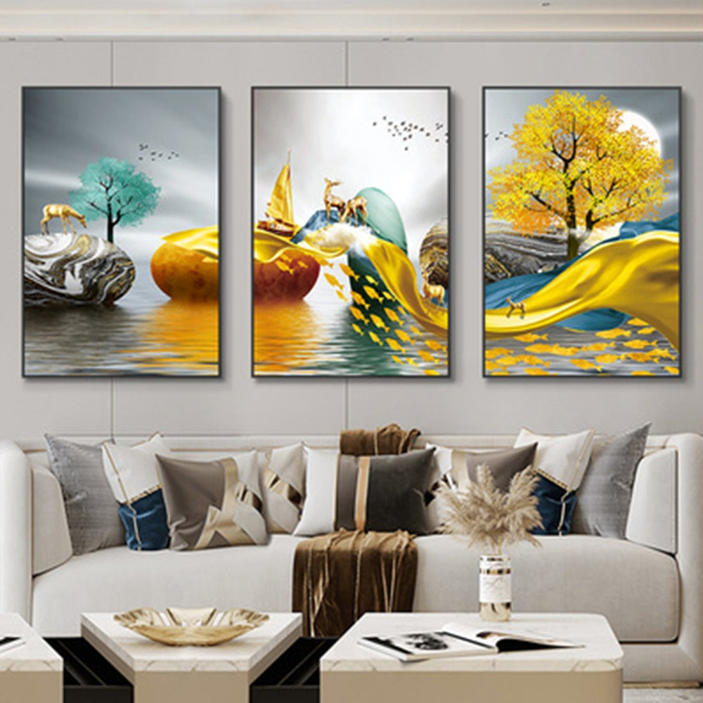 3 Pieces Nordic Luxury Ribbon Abstract Landscape wall Art Canvas.