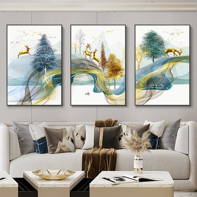 3 Pieces Nordic Luxury Ribbon Abstract Landscape wall Art Canvas.