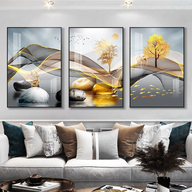 3 Pieces Nordic Luxury Ribbon Abstract Landscape wall Art Canvas.