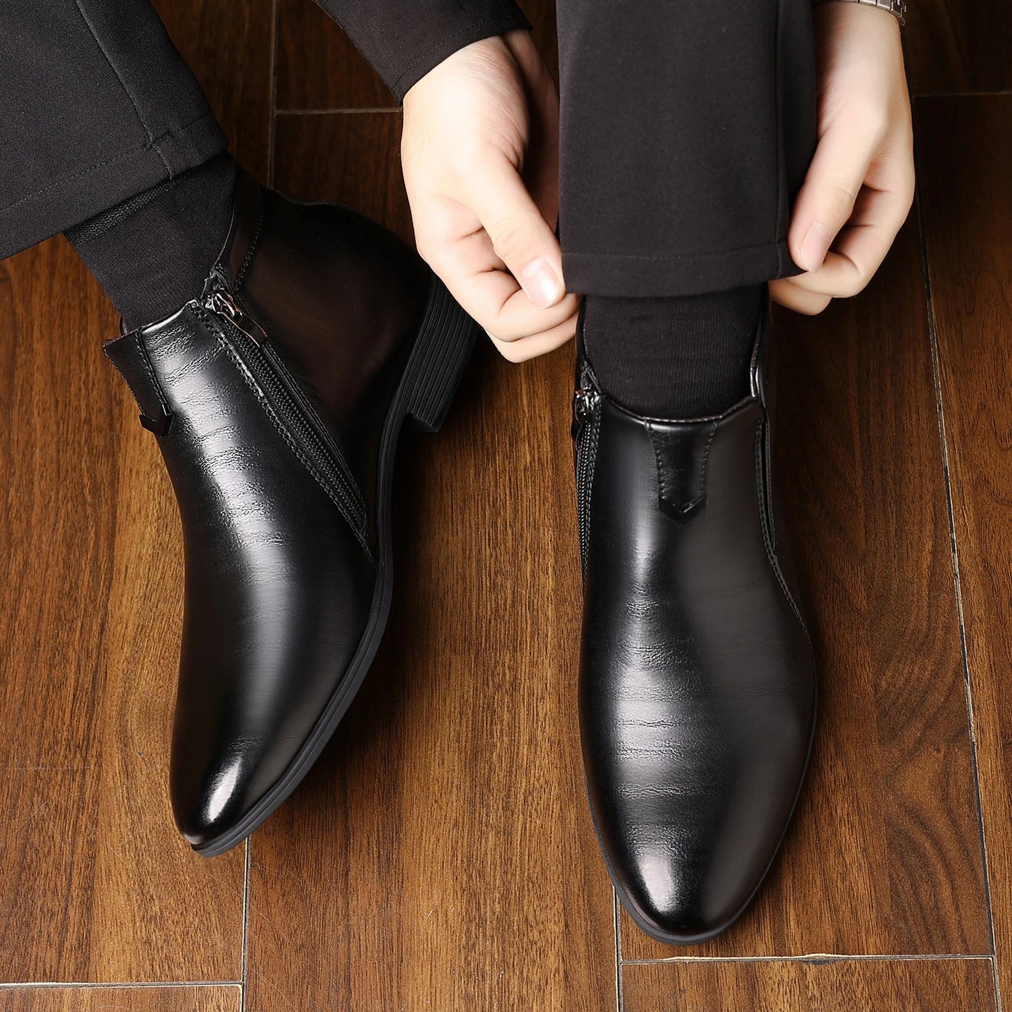 Leather Shoes Mens High Top Chelsea Boots PU Leather Medium Top White Ankle Boots.
