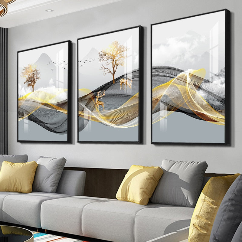 3 Pieces Nordic Luxury Ribbon Abstract Landscape wall Art Canvas.