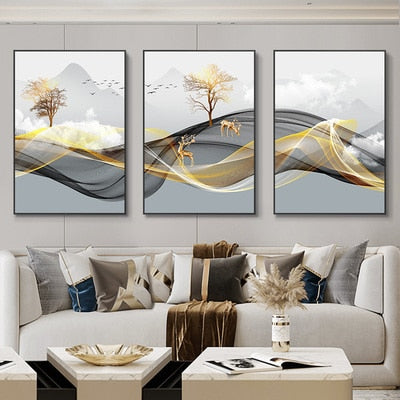 3 Pieces Nordic Luxury Ribbon Abstract Landscape wall Art Canvas.