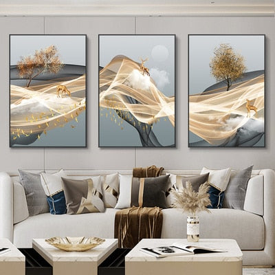 3 Pieces Nordic Luxury Ribbon Abstract Landscape wall Art Canvas.