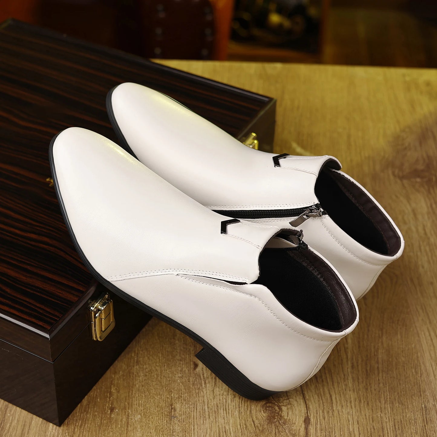 Leather Shoes Mens High Top Chelsea Boots PU Leather Medium Top White Ankle Boots.