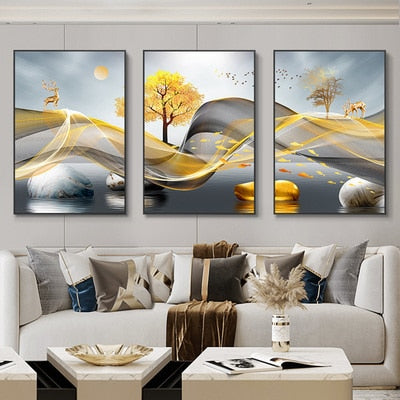 3 Pieces Nordic Luxury Ribbon Abstract Landscape wall Art Canvas.