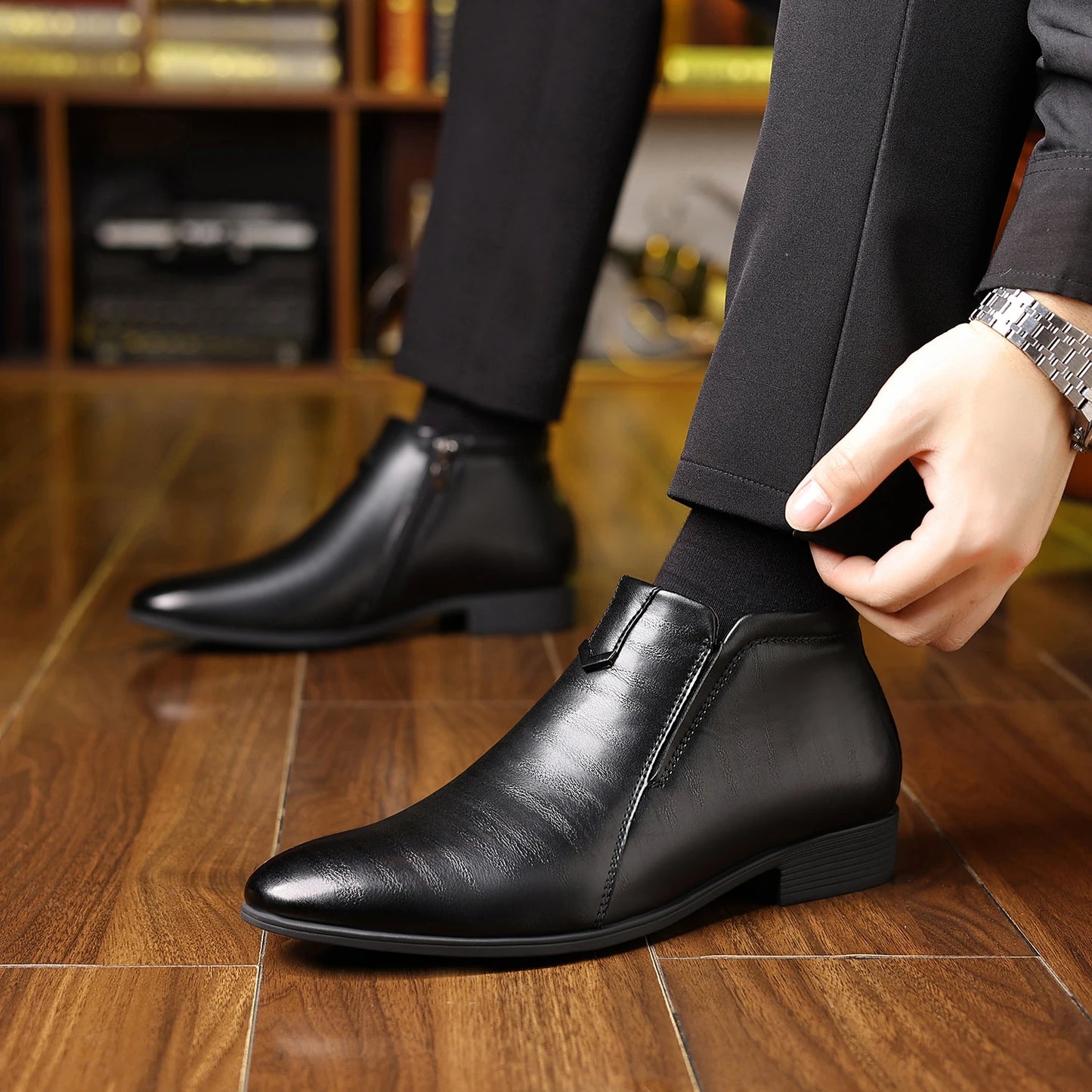 Leather Shoes Mens High Top Chelsea Boots PU Leather Medium Top White Ankle Boots.