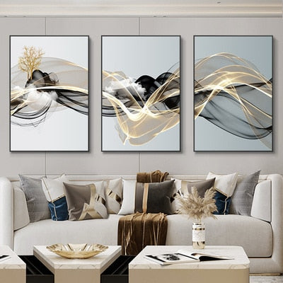 3 Pieces Nordic Luxury Ribbon Abstract Landscape wall Art Canvas.