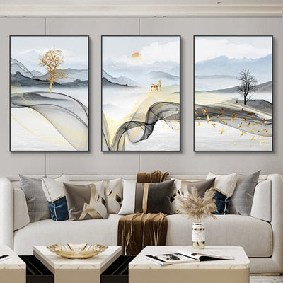 3 Pieces Nordic Luxury Ribbon Abstract Landscape wall Art Canvas.