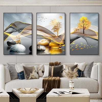 3 Pieces Nordic Luxury Ribbon Abstract Landscape wall Art Canvas.