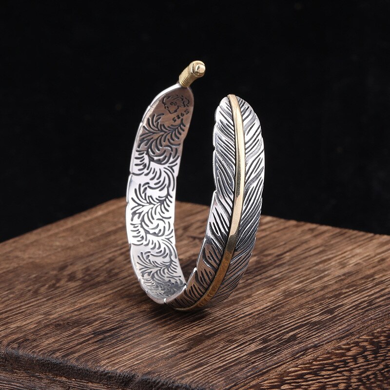 925 Sterling Silver Tang Grass Pattern Feather Bracelet for Men