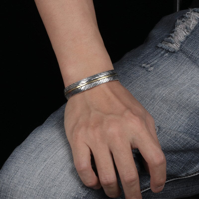 925 Sterling Silver Tang Grass Pattern Feather Bracelet for Men