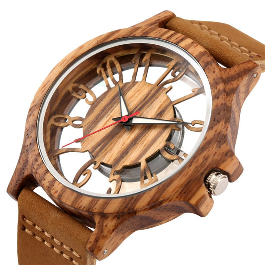 Transparent Hollow Arabic Numerals Display Men's Wood Watches.