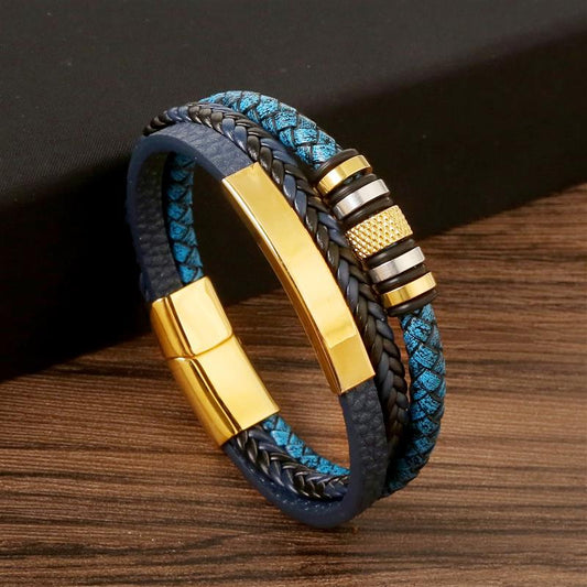 Blue Handwoven Leather Bracelet.