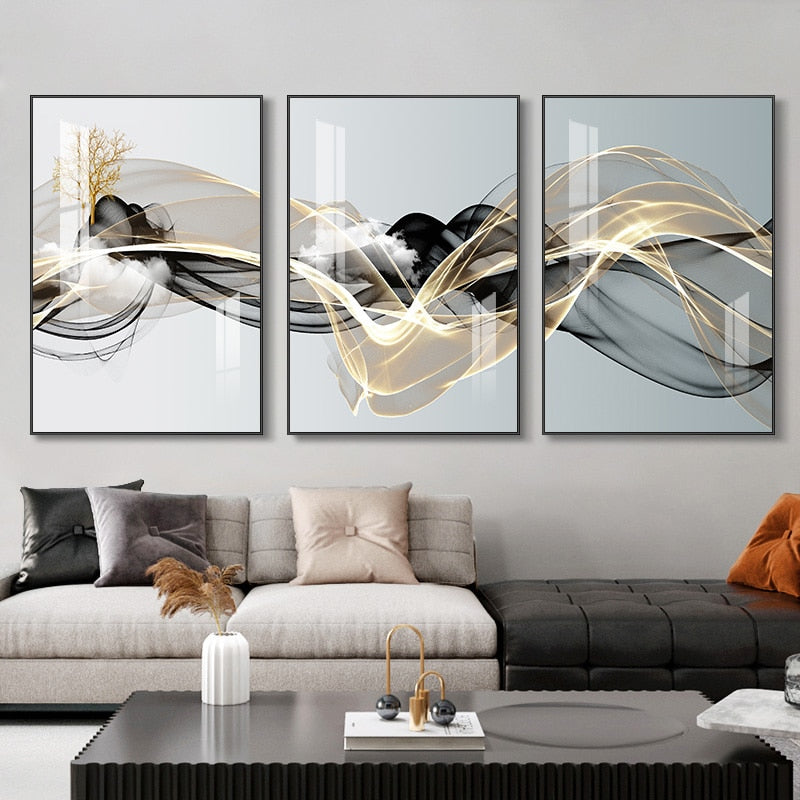 3 Pieces Nordic Luxury Ribbon Abstract Landscape wall Art Canvas.